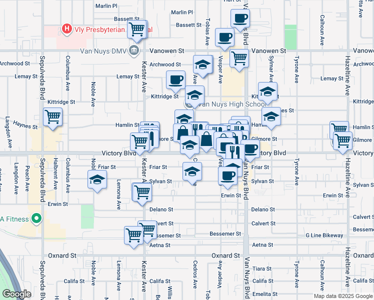 map of restaurants, bars, coffee shops, grocery stores, and more near 14717 Victory Boulevard in Los Angeles