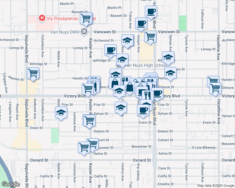 map of restaurants, bars, coffee shops, grocery stores, and more near 14717 Victory Boulevard in Los Angeles