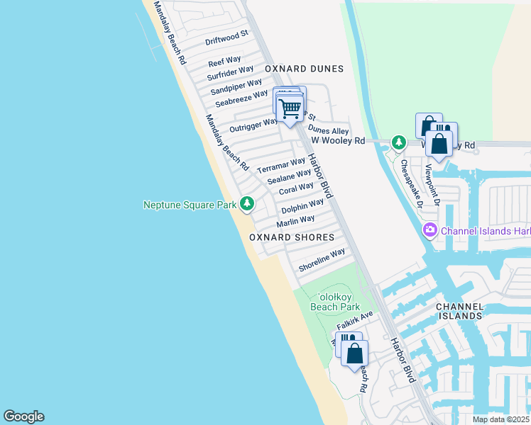 map of restaurants, bars, coffee shops, grocery stores, and more near 5123 Neptune Square in Oxnard