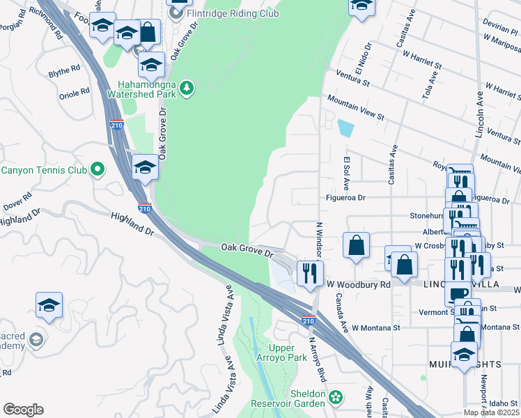 map of restaurants, bars, coffee shops, grocery stores, and more near 2397 Vista Laguna Terrace in Pasadena