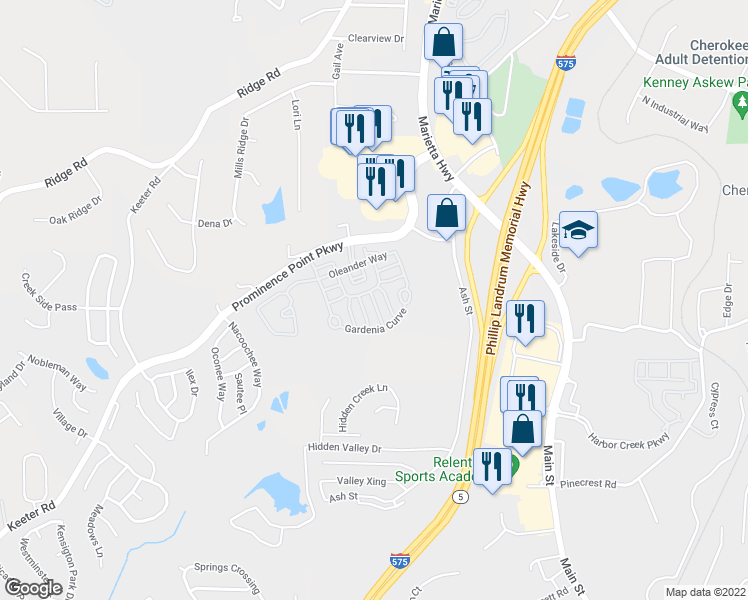 map of restaurants, bars, coffee shops, grocery stores, and more near 110 Plumeria Street in Canton