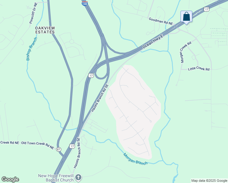 map of restaurants, bars, coffee shops, grocery stores, and more near 10 Stoney Creek Lane in Leland