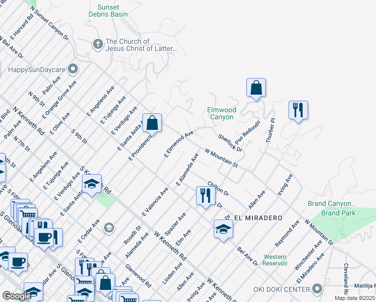 map of restaurants, bars, coffee shops, grocery stores, and more near 1078 East Valencia Avenue in Burbank