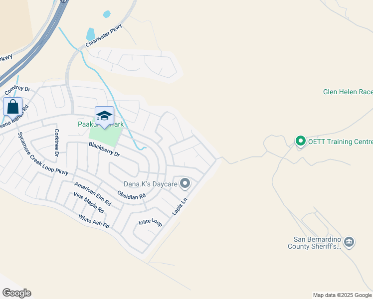 map of restaurants, bars, coffee shops, grocery stores, and more near 18288 Sassafras Lane in San Bernardino
