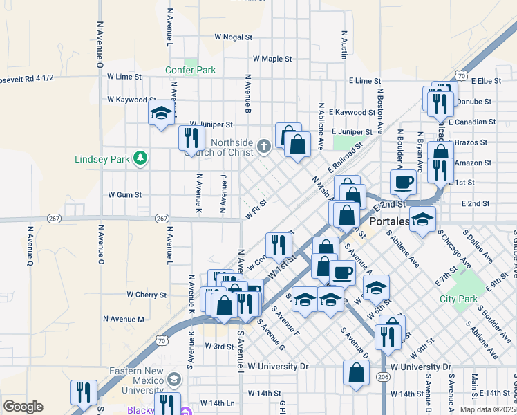 map of restaurants, bars, coffee shops, grocery stores, and more near 404 West Fir Street in Portales
