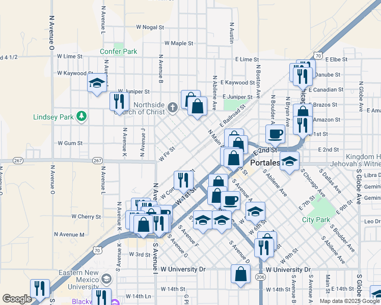map of restaurants, bars, coffee shops, grocery stores, and more near 212 West Commercial Street in Portales