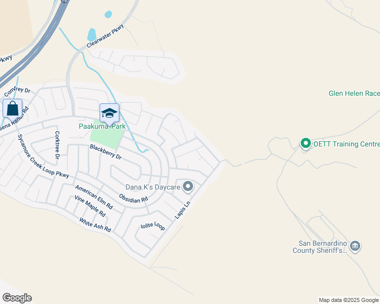 map of restaurants, bars, coffee shops, grocery stores, and more near 18288 Sassafras Lane in San Bernardino