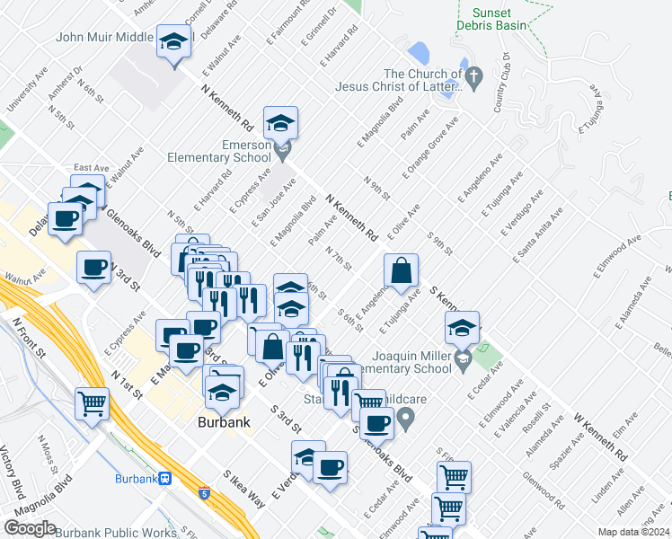map of restaurants, bars, coffee shops, grocery stores, and more near 621 East Olive Avenue in Burbank