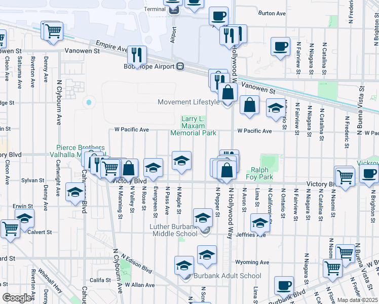 map of restaurants, bars, coffee shops, grocery stores, and more near 2044 North Maple Street in Burbank