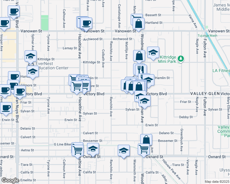 map of restaurants, bars, coffee shops, grocery stores, and more near 13850 Victory Boulevard in Los Angeles