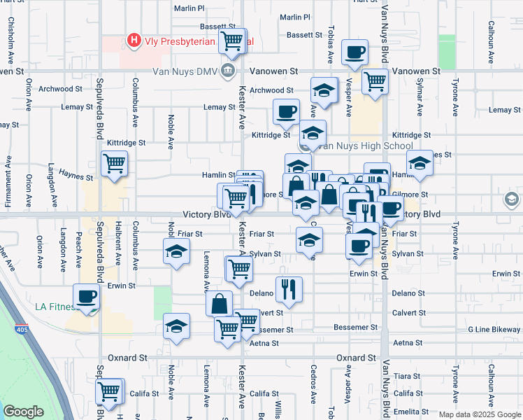 map of restaurants, bars, coffee shops, grocery stores, and more near 14830 Victory Boulevard in Los Angeles
