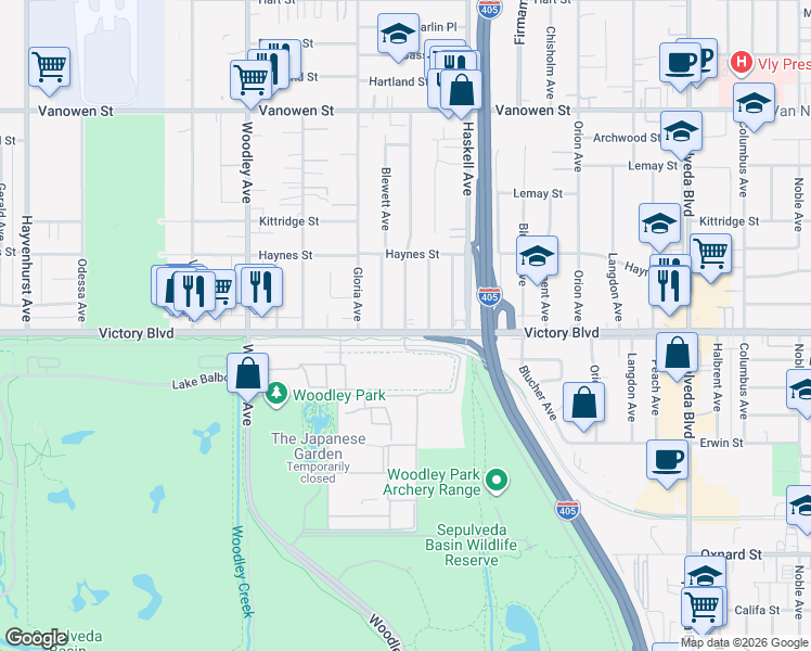 map of restaurants, bars, coffee shops, grocery stores, and more near 15800 Victory Boulevard in Los Angeles