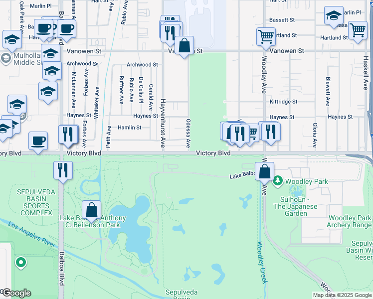map of restaurants, bars, coffee shops, grocery stores, and more near 16423 Victory Boulevard in Los Angeles