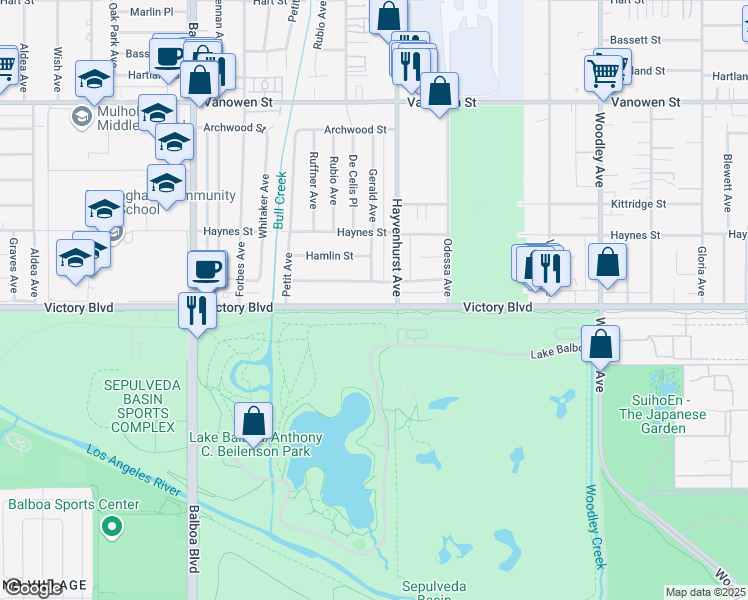 map of restaurants, bars, coffee shops, grocery stores, and more near 16529 Victory Boulevard in Los Angeles