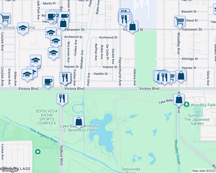 map of restaurants, bars, coffee shops, grocery stores, and more near 16529 Victory Boulevard in Los Angeles