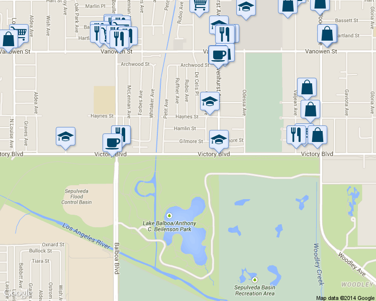 map of restaurants, bars, coffee shops, grocery stores, and more near 16627 Victory Boulevard in Los Angeles