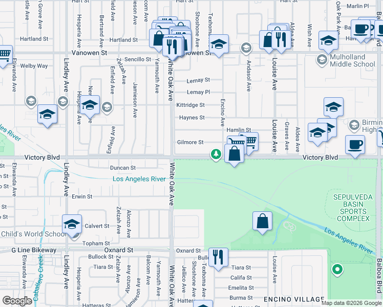 map of restaurants, bars, coffee shops, grocery stores, and more near 17611 Victory Boulevard in Los Angeles