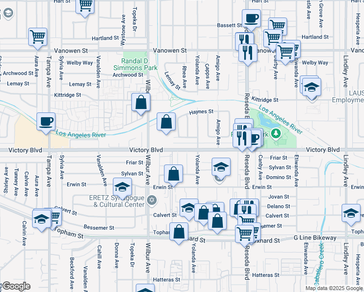 map of restaurants, bars, coffee shops, grocery stores, and more near 6354 Geyser Avenue in Los Angeles