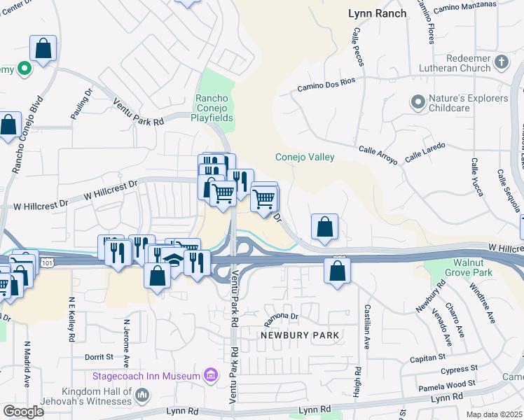map of restaurants, bars, coffee shops, grocery stores, and more near 520 North Ventu Park Road in Thousand Oaks