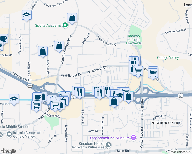 map of restaurants, bars, coffee shops, grocery stores, and more near 1800 West Hillcrest Drive in Thousand Oaks