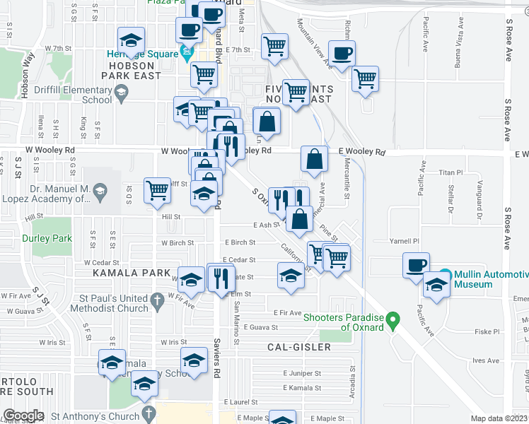 map of restaurants, bars, coffee shops, grocery stores, and more near 247 East Ash Street in Oxnard