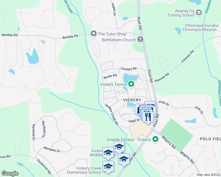 map of restaurants, bars, coffee shops, grocery stores, and more near 6620 Will Allen Road in Cumming