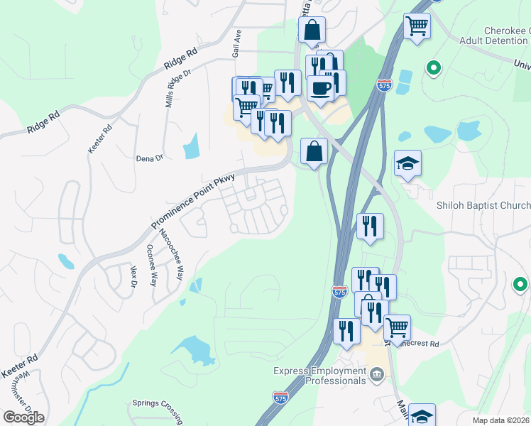 map of restaurants, bars, coffee shops, grocery stores, and more near 107 Plumeria Street in Canton