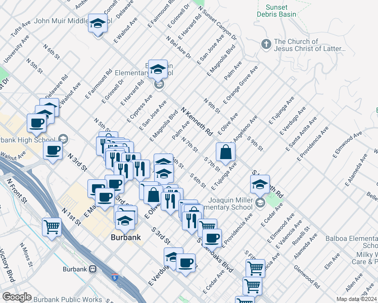 map of restaurants, bars, coffee shops, grocery stores, and more near 630 East Orange Grove Avenue in Burbank