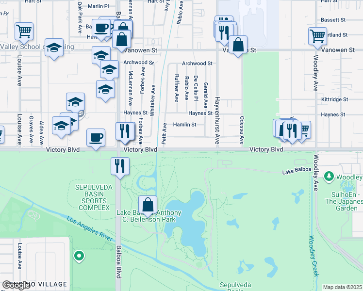 map of restaurants, bars, coffee shops, grocery stores, and more near 16627 Victory Boulevard in Los Angeles