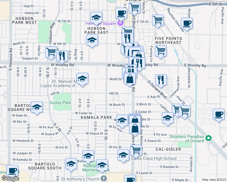 map of restaurants, bars, coffee shops, grocery stores, and more near 309 Hill Street in Oxnard