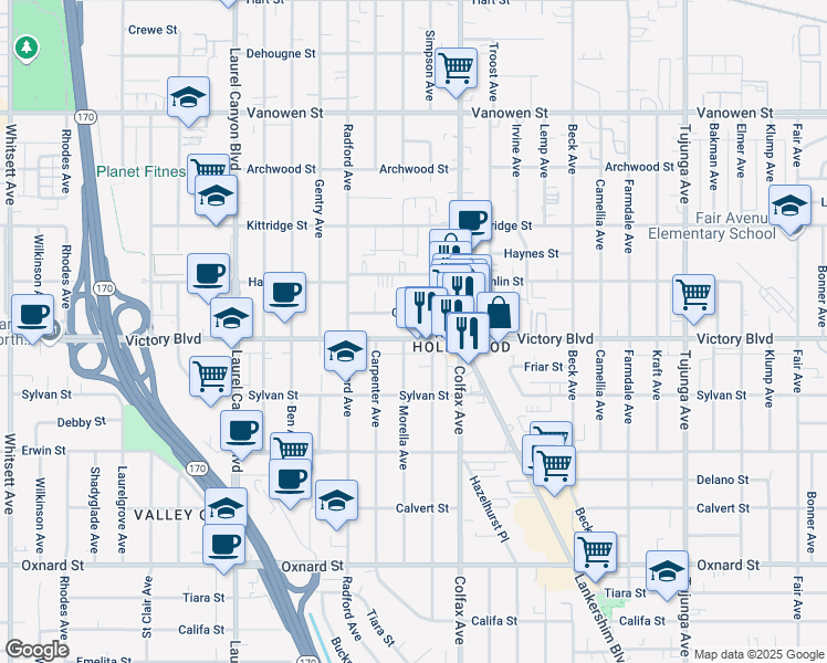 map of restaurants, bars, coffee shops, grocery stores, and more near 11734 Victory Boulevard in Los Angeles