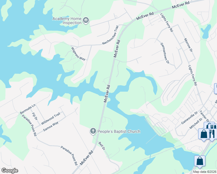 map of restaurants, bars, coffee shops, grocery stores, and more near McEver Rd in Flowery Branch