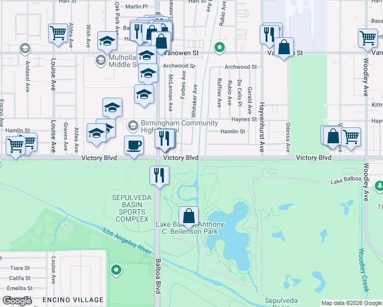 map of restaurants, bars, coffee shops, grocery stores, and more near 16731 Victory Boulevard in Los Angeles
