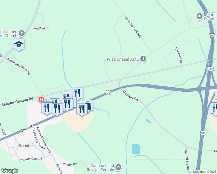 map of restaurants, bars, coffee shops, grocery stores, and more near U.S. 76 in Marion