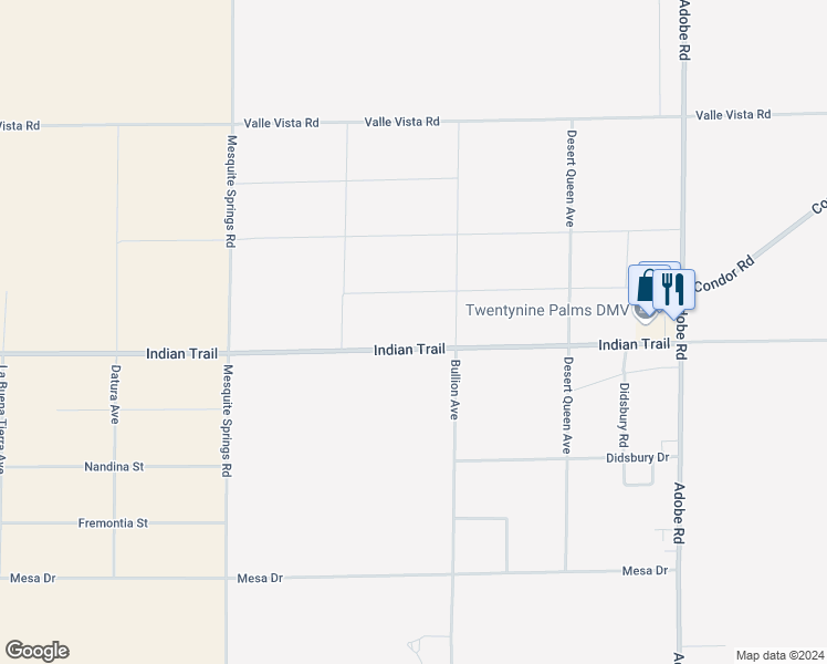 map of restaurants, bars, coffee shops, grocery stores, and more near 73250 Indian Trail in Twentynine Palms