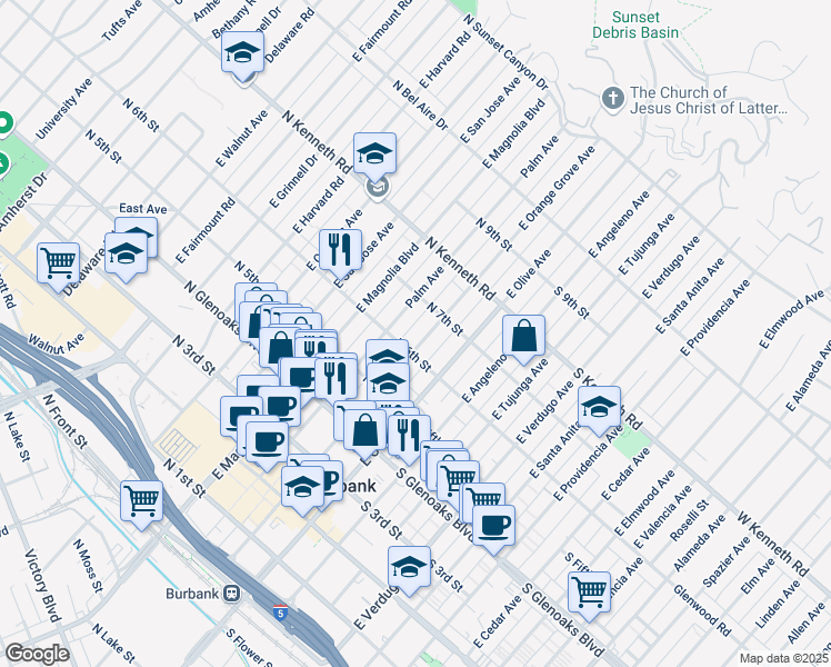 map of restaurants, bars, coffee shops, grocery stores, and more near 615 East Orange Grove Avenue in Burbank