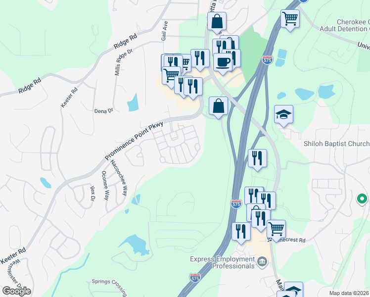 map of restaurants, bars, coffee shops, grocery stores, and more near 107 Plumeria Street in Canton