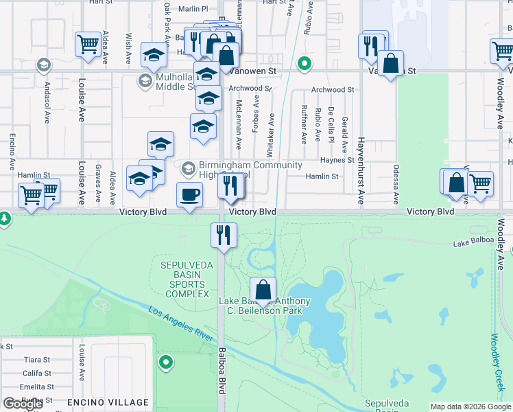 map of restaurants, bars, coffee shops, grocery stores, and more near 16751 Victory Boulevard in Los Angeles