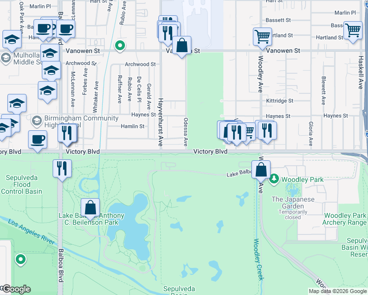 map of restaurants, bars, coffee shops, grocery stores, and more near 16423 Victory Boulevard in Los Angeles