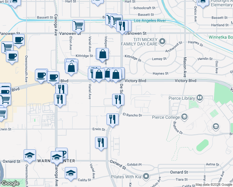 map of restaurants, bars, coffee shops, grocery stores, and more near 6411 De Soto Avenue in Los Angeles