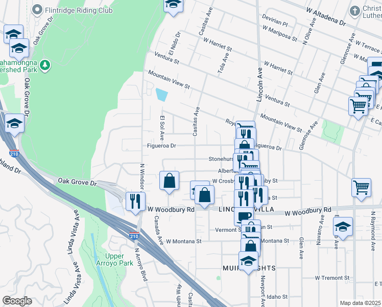 map of restaurants, bars, coffee shops, grocery stores, and more near 2366 North Casitas Avenue in Altadena
