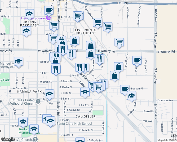 map of restaurants, bars, coffee shops, grocery stores, and more near 2 A Street in Oxnard