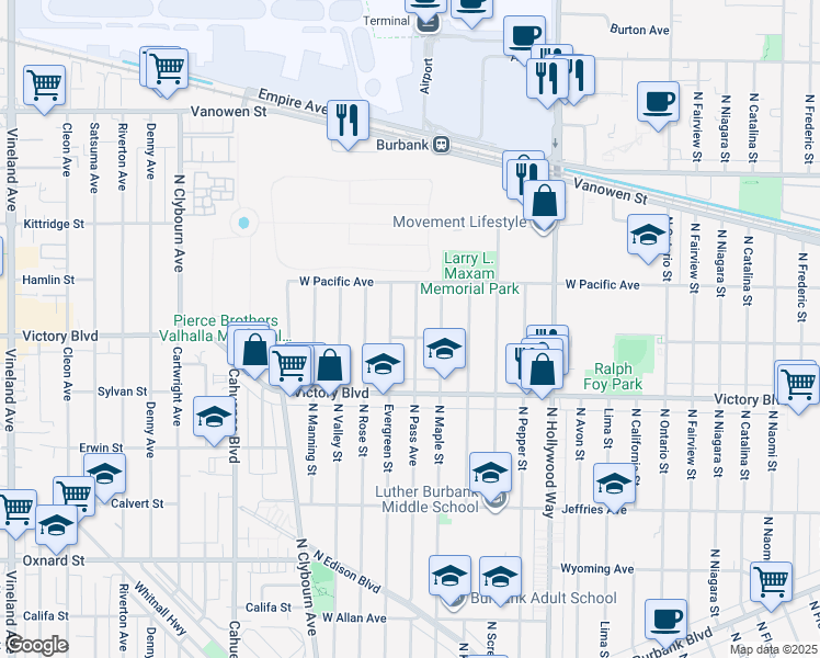 map of restaurants, bars, coffee shops, grocery stores, and more near 2105 North Pass Avenue in Burbank