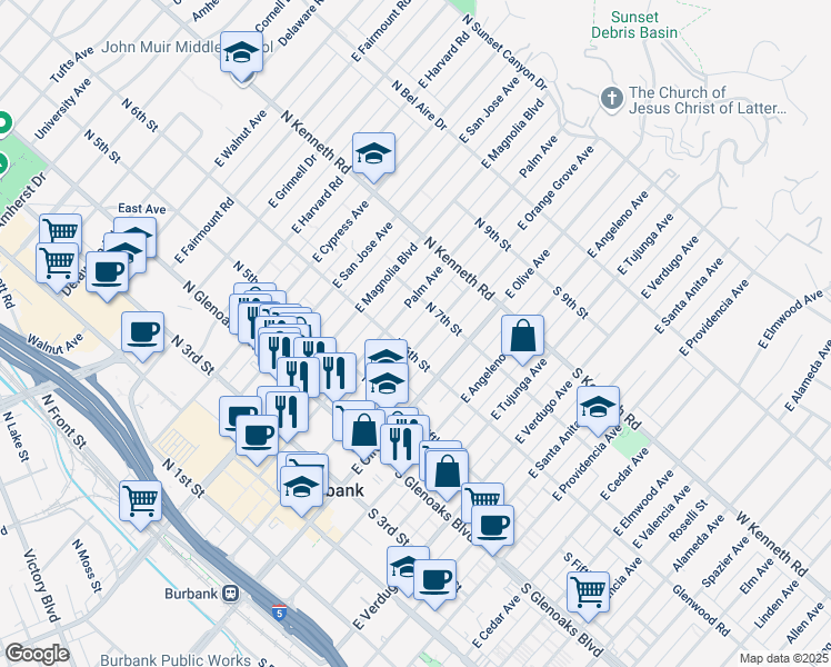 map of restaurants, bars, coffee shops, grocery stores, and more near 615 East Orange Grove Avenue in Burbank