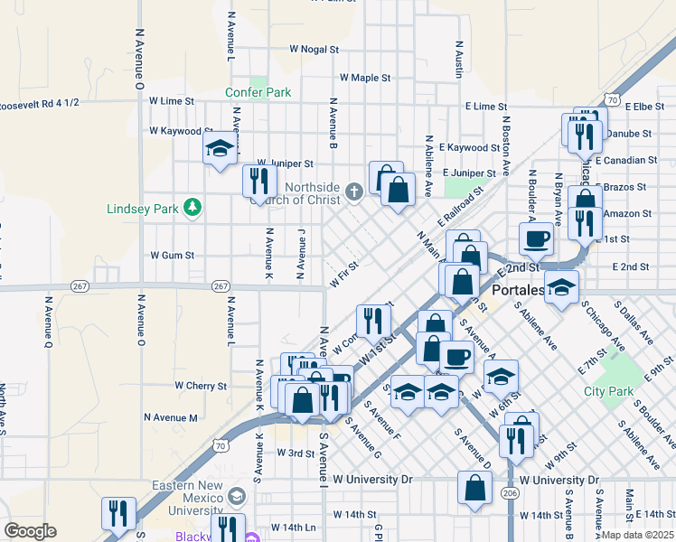 map of restaurants, bars, coffee shops, grocery stores, and more near 400-498 West Fir Street in Portales
