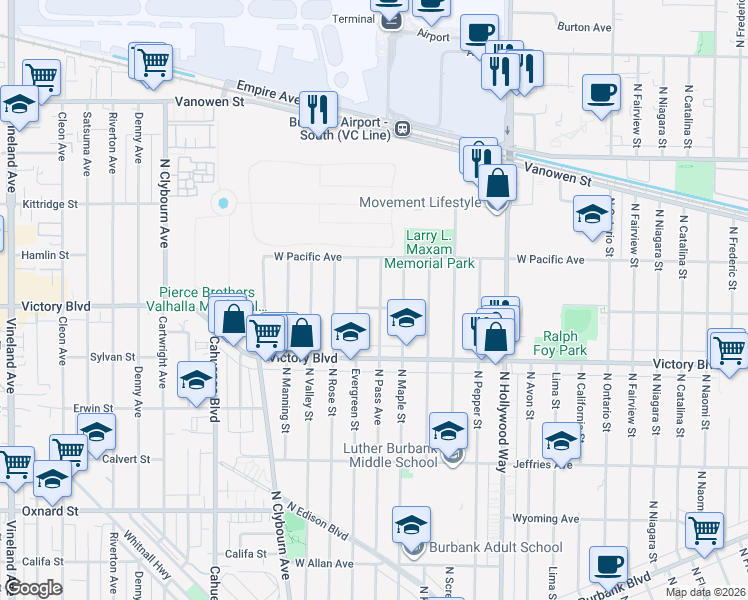 map of restaurants, bars, coffee shops, grocery stores, and more near 2105 North Pass Avenue in Burbank