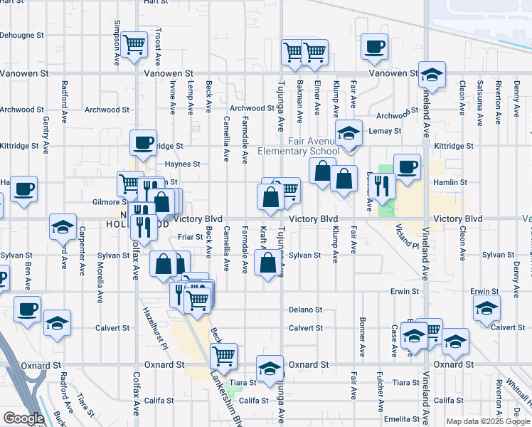 map of restaurants, bars, coffee shops, grocery stores, and more near 6400 Kraft Avenue in Los Angeles