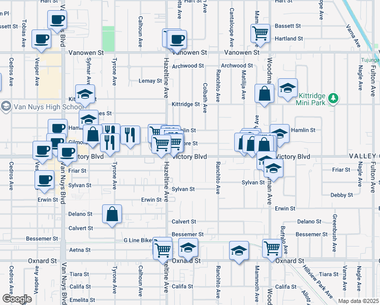 map of restaurants, bars, coffee shops, grocery stores, and more near 6356 Murietta Avenue in Los Angeles