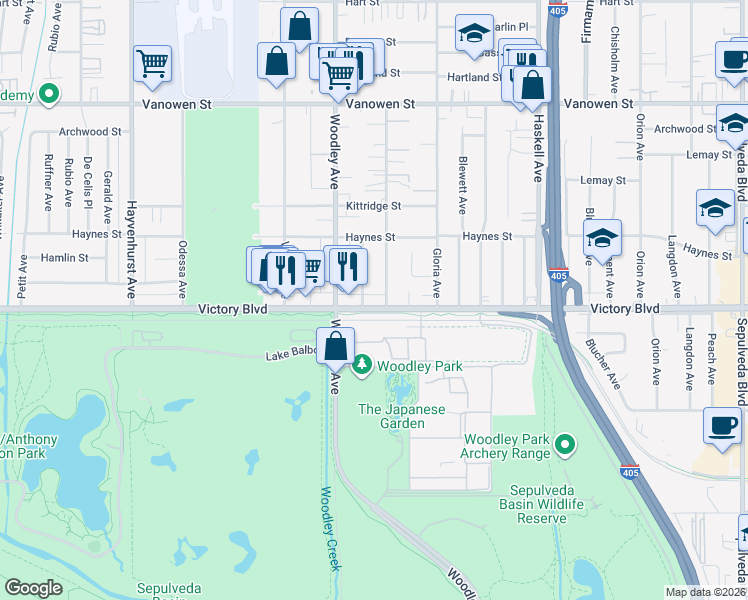 map of restaurants, bars, coffee shops, grocery stores, and more near 16011 Victory Boulevard in Los Angeles