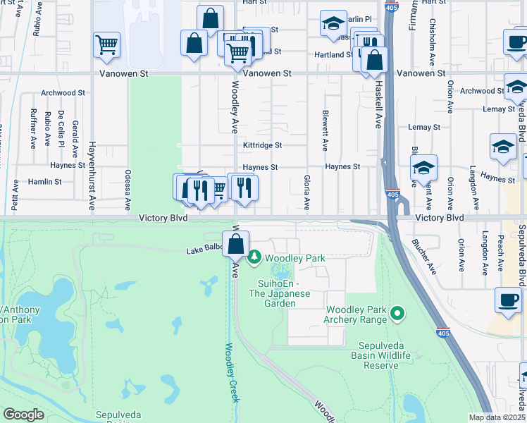 map of restaurants, bars, coffee shops, grocery stores, and more near 16011 Victory Boulevard in Los Angeles